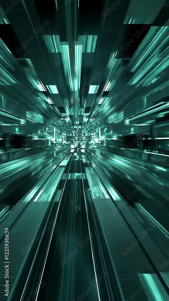 Poster visual abstraction of a digital corridor showcasing vibrant green and black patterns in motion
