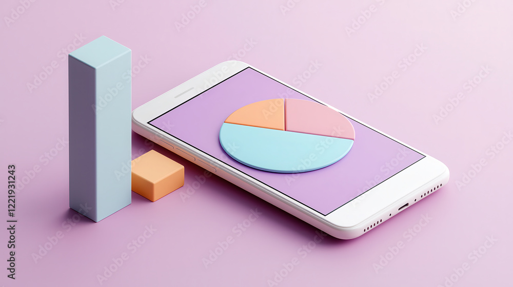 Poster 3D image of smartphone displaying colorful pie charts and bar graphs on pastel background, symbolizing data analysis and technology