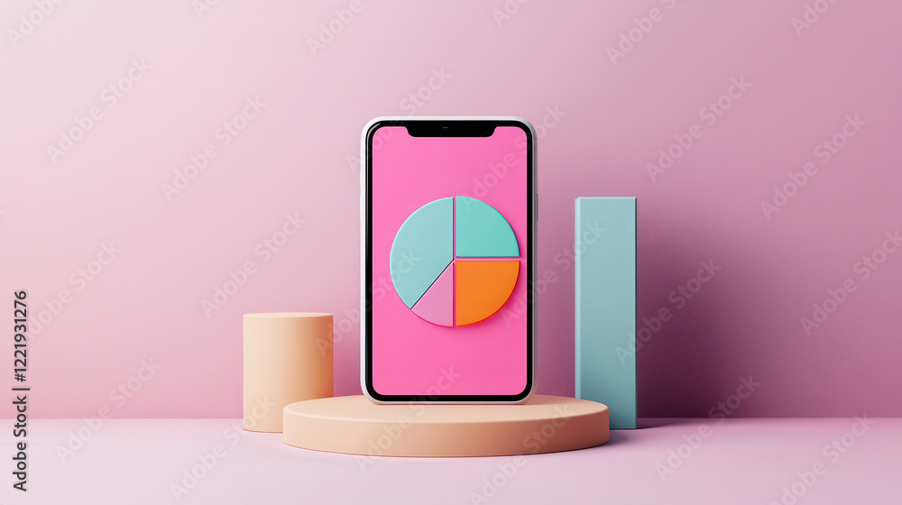 Aufkleber modern smartphone displaying colorful pie chart on pink background, surrounded by geometric shapes. 