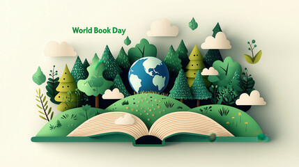 World Book Day illustration featuring open book surrounded by trees, clouds, and Earth, symbolizing nature and reading. vibrant and creative design