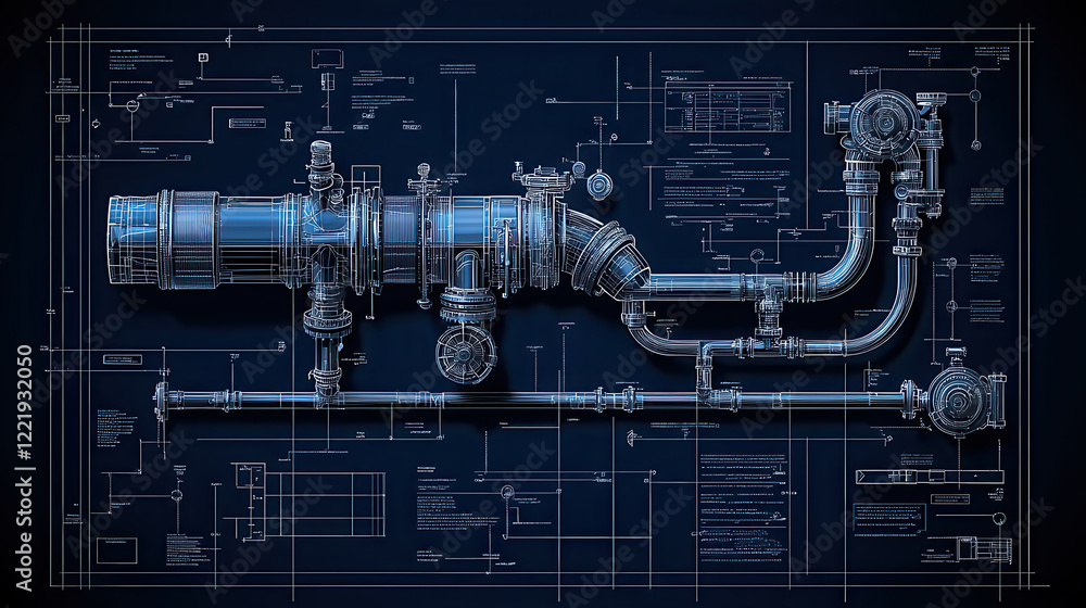 Aufkleber detailed line drawing of large steel pipe system with valves and connections, showcasing engineering precision and technical design