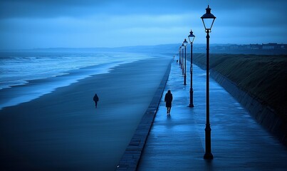 Obraz premium Lone walkers on a tranquil beach promenade at dusk, illuminated by streetlights