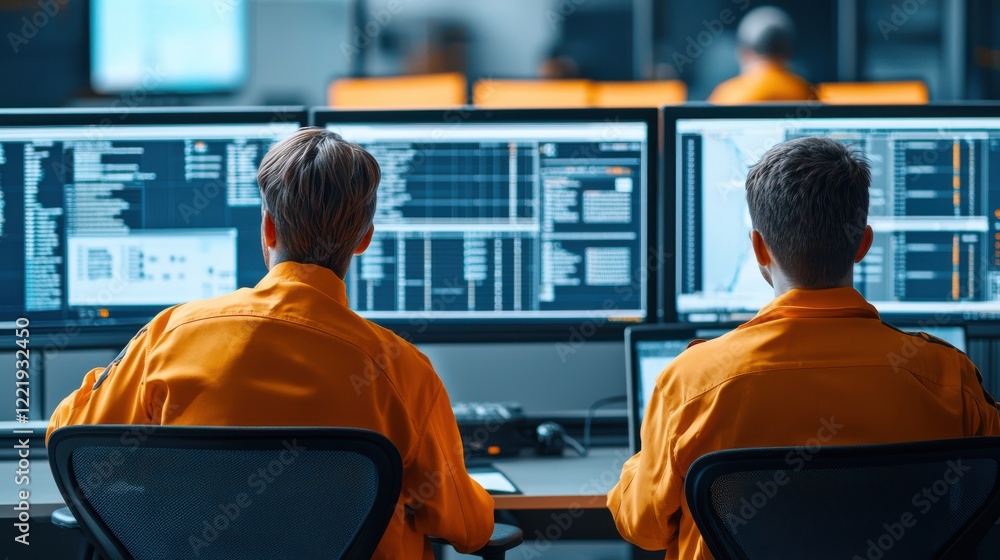 Aufkleber two professionals in bright orange shirts work diligently at their computers, analyzing data and mon