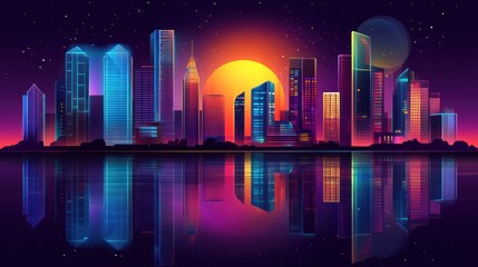 Neon Cityscape at Sunset: A Retrofuturistic Metropolis Reflecting in Calm Waters
