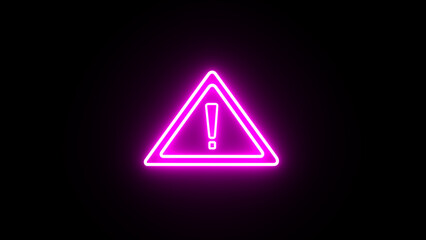 Glowing purple neon blinking warning triangle sign. Warning or error message alert symbol on black background.
