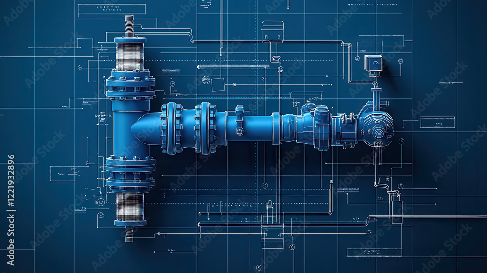 Leinwandbilder precise line illustration of system of pipes and valves, showcasing intricate details and blue color