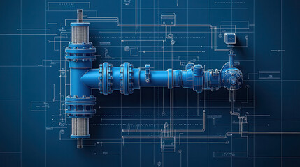 precise line illustration of system of pipes and valves, showcasing intricate details and blue color scheme, ideal for engineering and design projects