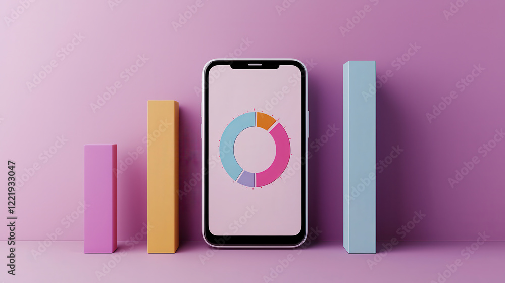 Poster modern mobile phone displaying colorful pie chart, surrounded by vibrant bar graphs on pink background. This represents data analysis and technology