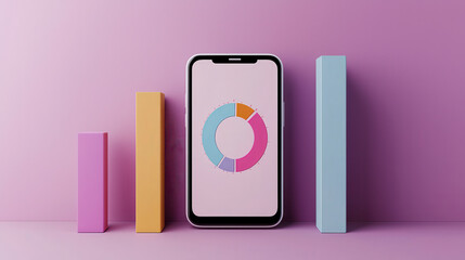 modern mobile phone displaying colorful pie chart, surrounded by vibrant bar graphs on pink background. This represents data analysis and technology