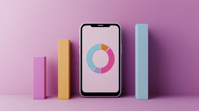 modern mobile phone displaying colorful pie chart, surrounded by vibrant bar graphs on pink background. This represents data analysis and technology