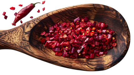 Wooden scoop filled with red hot chili peppers on a transparent or white background.