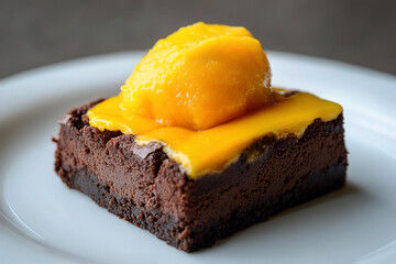 A chocolate brownie topped with mango sorbet ice cream on a plate. (Generative AI)