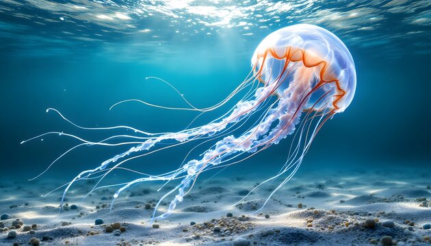 A hyper-realistic underwater scene of a jellyfish near the shallow ocean floor, with its long, flowing tentacles trailing behind it. The jellyfish’s bell is clear and luminous, with intricate details 