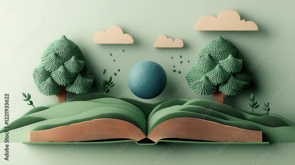 Aufkleber illustration of open book surrounded by trees, clouds, and globe, symbolizing knowledge and nature. 