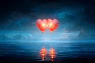 Fototapeta premium Romantic heart balloons floating in calm ocean serene atmosphere love concept