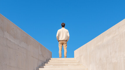 Leadership and ambition symbolized by a man on a tall staircase