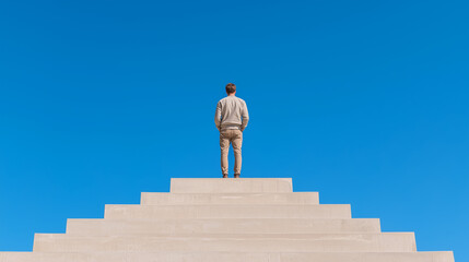 Man at the top of a staircase facing a bright blue sky