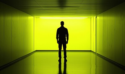 Fototapeta premium Man silhouetted in glowing yellow hallway, contemplating future, potential use for mystery or suspense themes