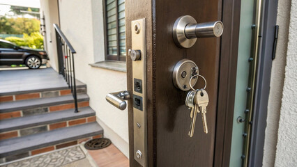 Open door of a family home. Close-up of the lock with your keys on an armored door. Security,thief, urban, street