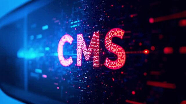 Close-up view of glowing CMS text on a digital interface, showcasing data visualization in a tech environment