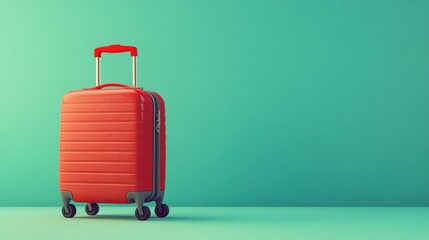 Red suitcase, travel, teal background, copy space, vacation