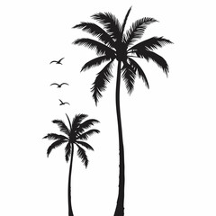 Two palm trees stand tall in the foreground, with a flock of birds flying in the sky above them. The birds are scattered throughout the scene, with some flying closer to the trees