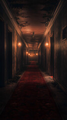 Fototapeta premium A deserted hotel with flickering lights and echoes of laughter.