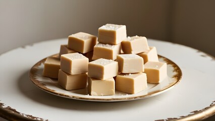 A vintage-inspired, golden-lit still life of sweetened milk fudge, perfectly arranged on a distressed wooden table or antique ceramic plate, with a soft, creamy white background that subtly gradates t
