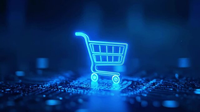 Glowing shopping cart icon over a circuit board background, symbolizing digital commerce and technology