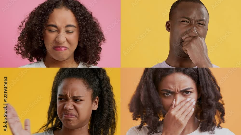 Poster Four diverse individuals display various emotions against bright colored backgrounds. Each person portrays distinct feelings through their gestures, creating a striking visual contrast.