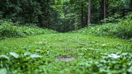 Obraz premium Lush green forest path, tranquil nature scene, background foliage, ideal for travel brochures