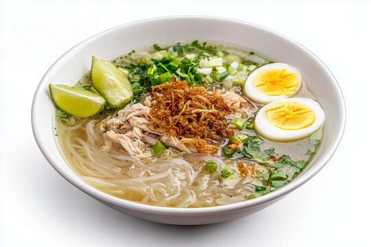 Soto Indonesia's traditional soup, presented in a pristine white bowl, with shredded chicken, glass noodles, boiled egg halves, fresh lime wedges, fried shallots and chopped celery, white background