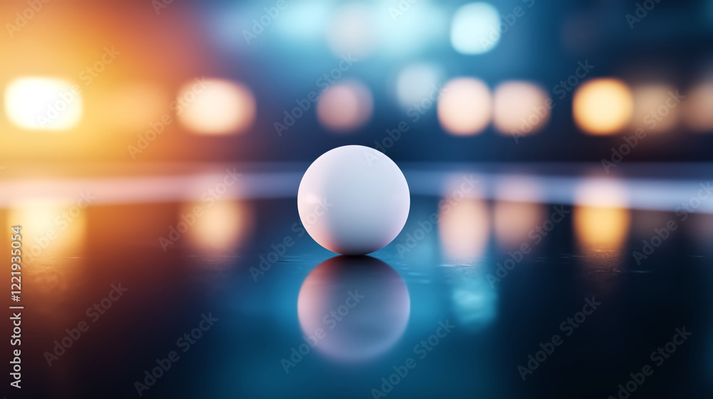 Aufkleber single white ball on reflective surface, surrounded by soft bokeh lights, creating serene and focuse