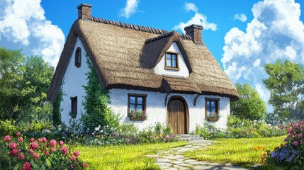 Charming Thatched Cottage Surrounded by Lush Garden and Blue Sky