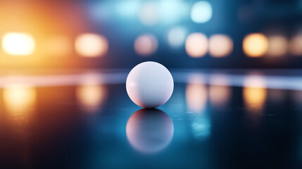single white ball on reflective surface, surrounded by soft bokeh lights, creating serene and focused atmosphere