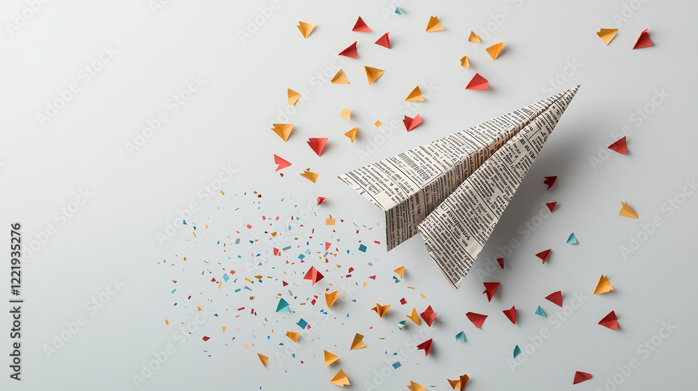 Fototapete paper airplane made from newspaper is flying through colorful confetti, creating playful and dynamic