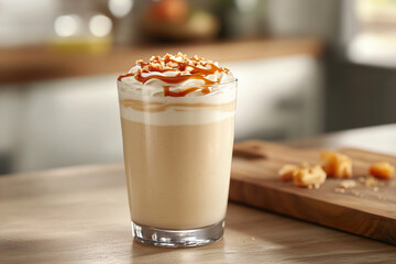 A glass of a creamy caramel and vanilla mixed smoothie topped with whipped cream. (Generative AI)