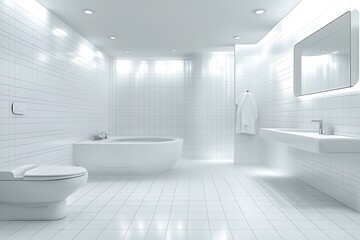 Modern bathroom with white tile walls, tiled floor and comfortable white bathtub