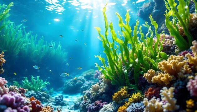 A hyper-realistic scene depicting seaweed growing alongside coral in a vibrant coral reef ecosystem. The seaweed is abundant, with some parts floating gently with the current and others anchored to th