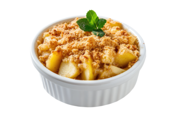Classic apple crumble with golden topping in white ceramic dish isolated on white or transparent, PNG