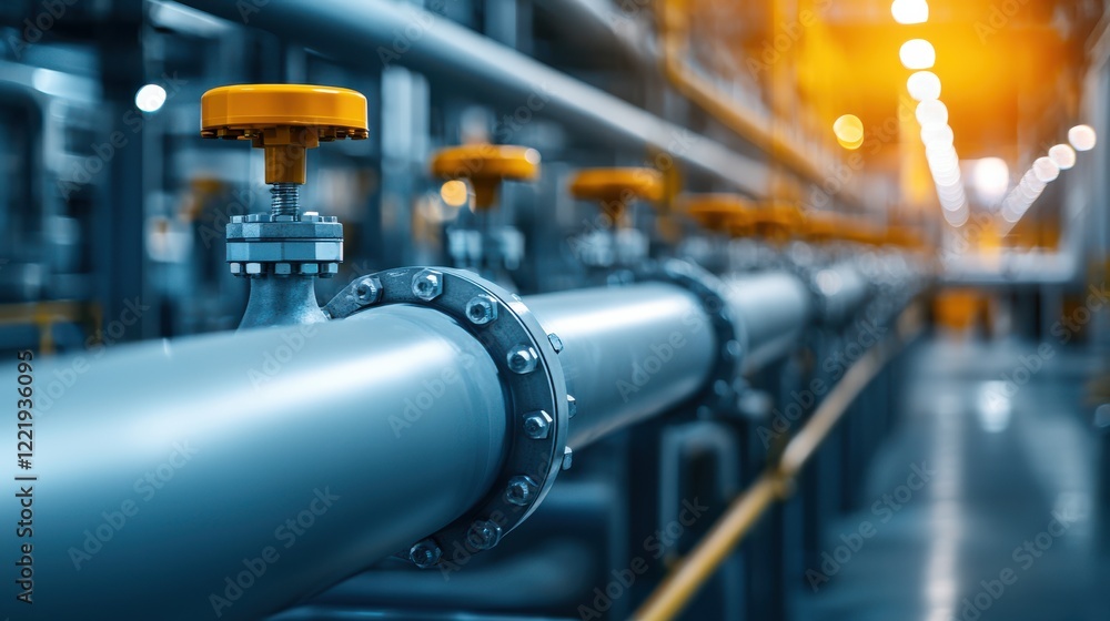Poster close-up view of industrial pipelines with valves in a factory setting, showcasing the intricate des
