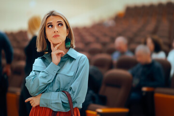 Woman Attending a Social Gathering Thinking and Wondering. Puzzled introverted person feeling like...