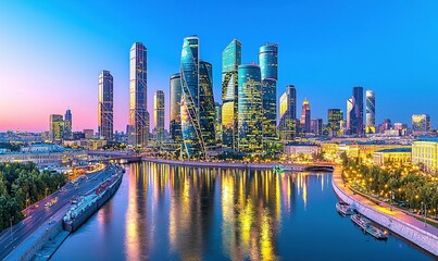 Fototapeta premium Moscow City skyscrapers at sunset reflecting in Moskva River