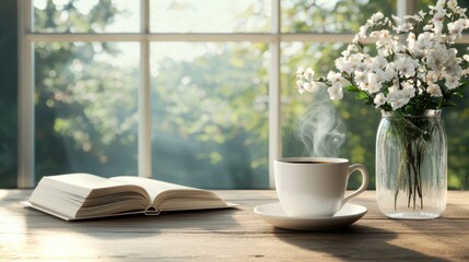 Peaceful Morning Coffee by the Window with Blooming Flowers and an Open Book