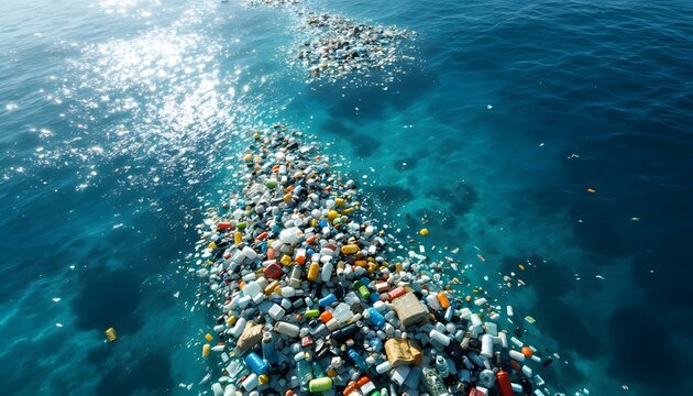 A hyper-realistic aerial view of a massive ocean garbage patch, where vast areas of the ocean are covered with floating plastic debris. The water&rsquo;s surface is cluttered with trash, including large pla
