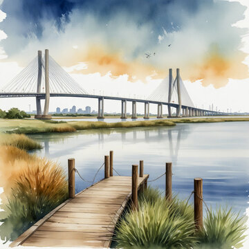 watercolor illustration of Baytown, Texas, highlighting its coastal charm and industrial heritage.