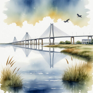 watercolor illustration of Baytown, Texas, highlighting its coastal charm and industrial heritage