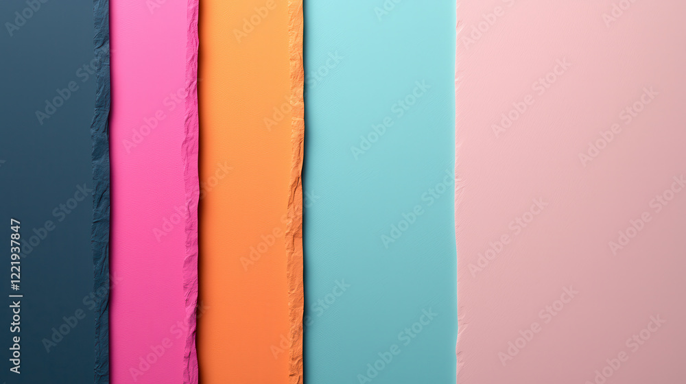 Poster colorful paper sheets in pastel shades arranged vertically, showcasing vibrant palette. textures and