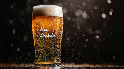 refreshing glass of non alcoholic beer with bubbles and condensation, set against dark, blurred background. image captures essence of enjoyment without alcohol