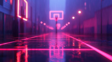 Rainy Night Cityscape with Glowing Neon Basketball Court